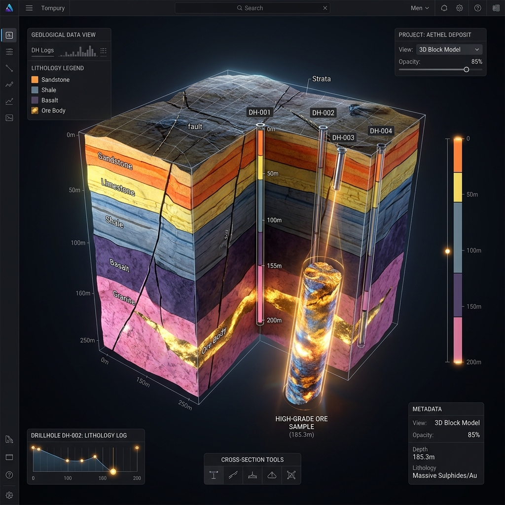 Visualización 3D de modelamiento geológico de sondajes y bloques en Cordillera DataLab
